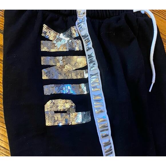 Victoria’s Secret PINK Black Silver Sequin Bling Logo Classic Sweatpants Size S - Picture 6 of 10